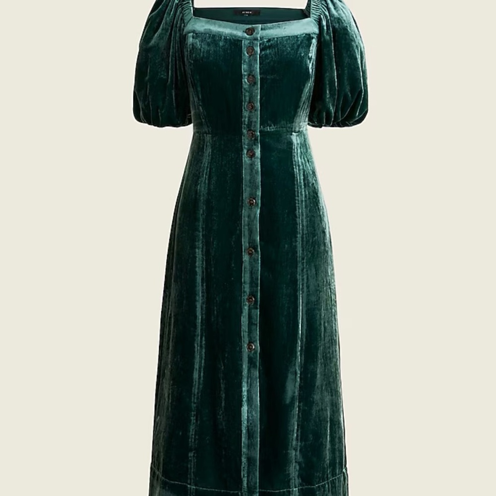 J. Crew Green Ruched Ruffled Velvet Midi Dress NWT